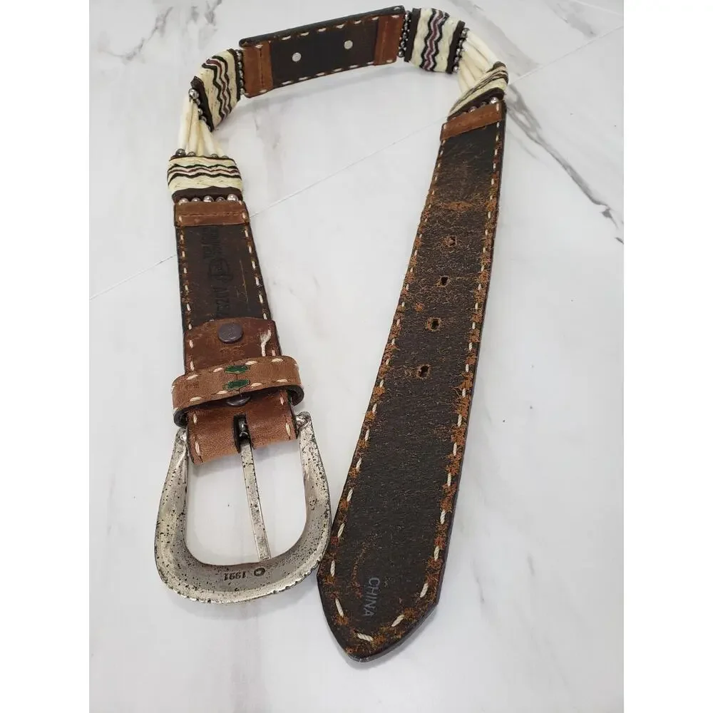 JUSTIN Belt 79207 Cowhide Western Bone‎ Silver Concho 90's Size 26” Vintage Boho
